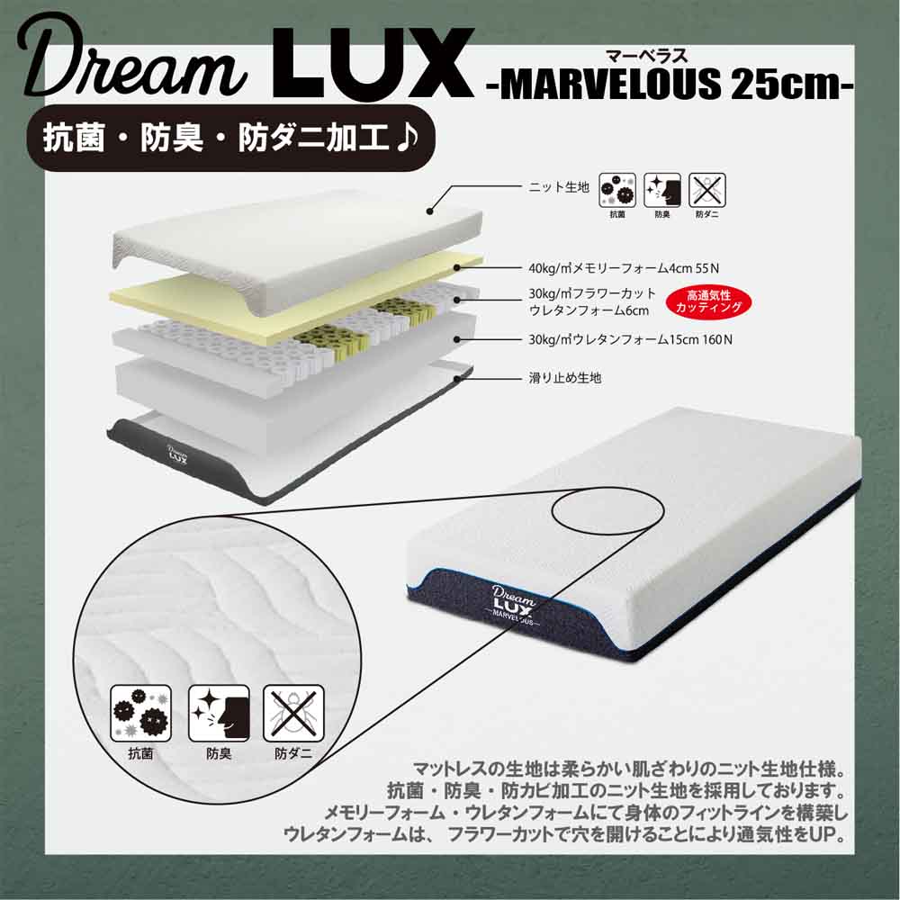 厚み25cmDノンコイルマットレス DLUX-MBRS-D 【直送品】 返品・キャンセル・他商品と同時購入は不可 - Image 5