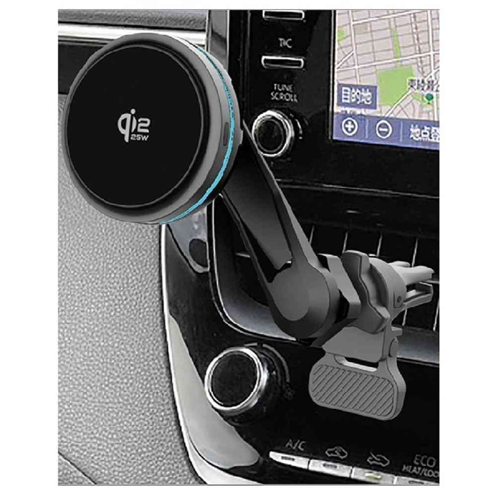 カシムラ Qi2／25Wマグネットワイヤレス充電器 冷却機能 充電ON／OFF機能 ロングアーム エアコン取り付け KW62 - Image 3