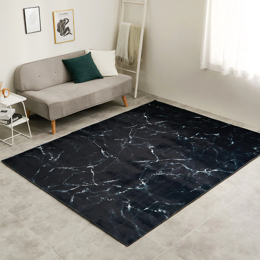 大理石柄のソフトフランネルラグ 190×240cm ブラック 【直送品】 返品・キャンセル・他商品と同時購入は不可