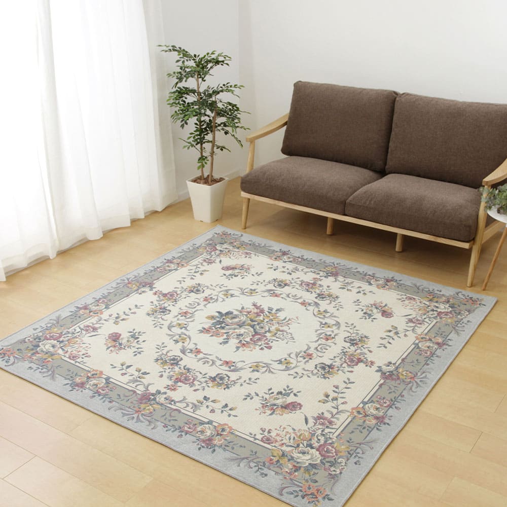 ゴブランシェニールラグ ブーケ 約185×185cm グレー 【直送品】 返品・キャンセル・他商品と同時購入は不可