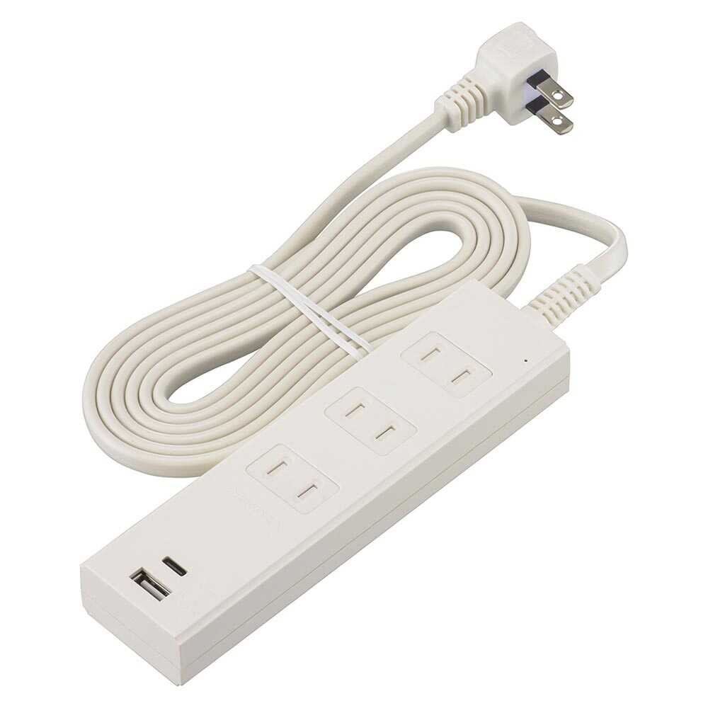 オーム電機 3個口 タップ雷ガードPD対応タイプC／Aポート HS-TKU32PD23-W