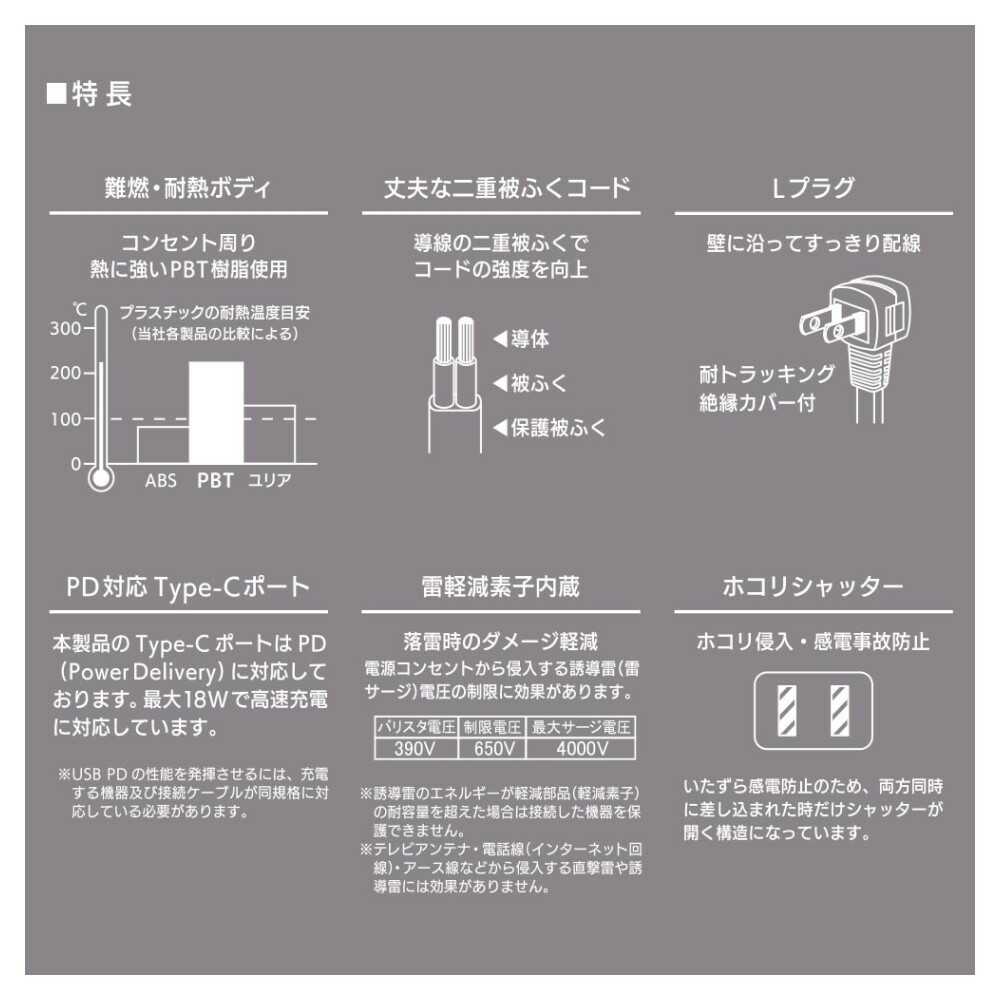 オーム電機 3個口 タップ雷ガードPD対応タイプC／Aポート HS-TKU32PD23-W - Image 3
