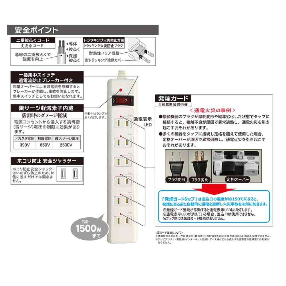 オーム電機 発煙ガード・スイッチ付タップ 6個口 2m HS-T62HJ3-W - Image 3