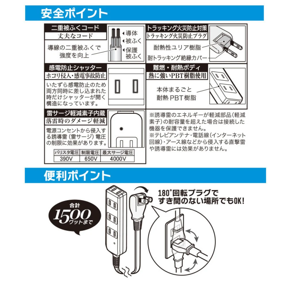 オーム電機 雷に強い安全タップ 4個口 1m - Image 2