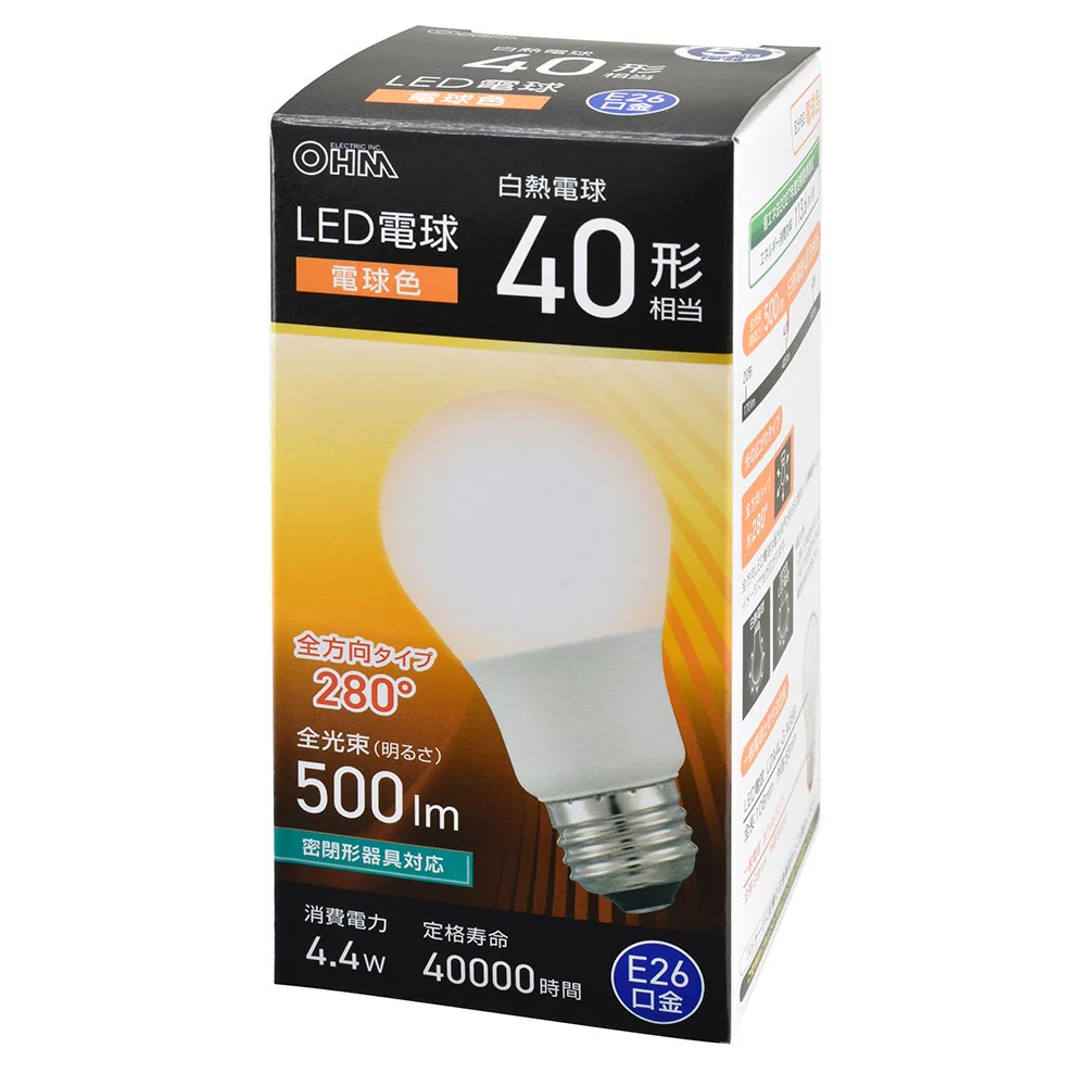 オーム電機 LED電球 E26 40形相当 電球色 1個