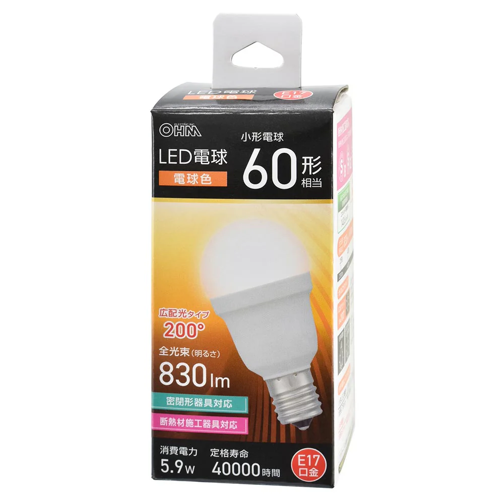 オーム電機 LED電球小形 60形相当 電球色 1個